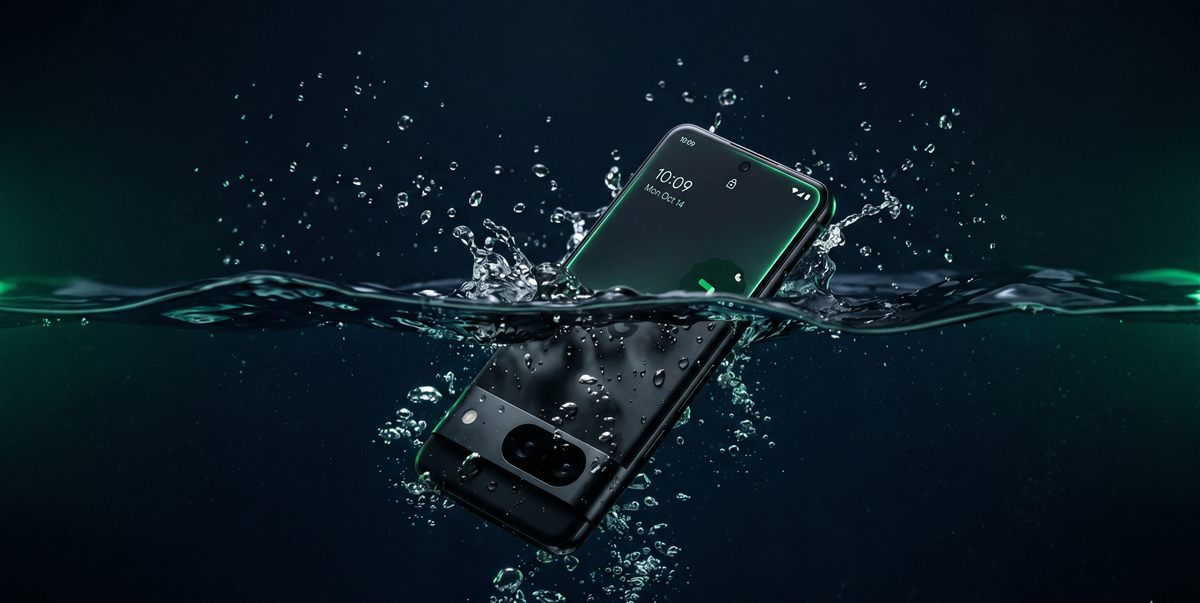Celular submerso na água, ilustrando um aparelho que caiu na água