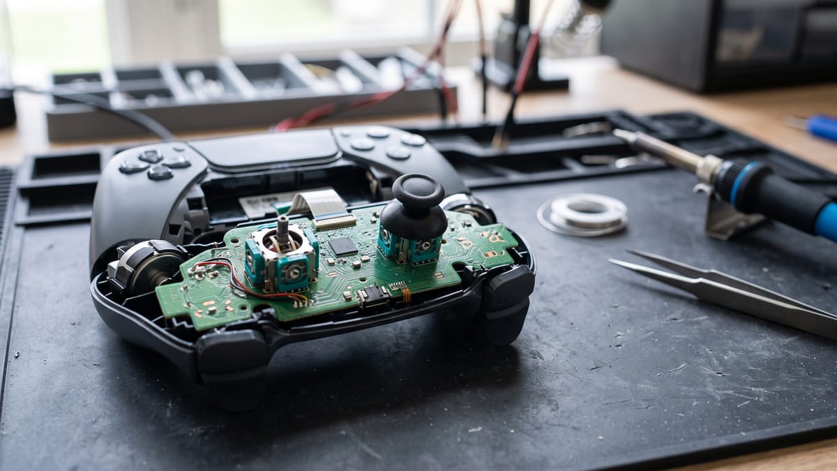Controle de videogame aberto na bancada de assistência técnica mostrando o módulo do analógico