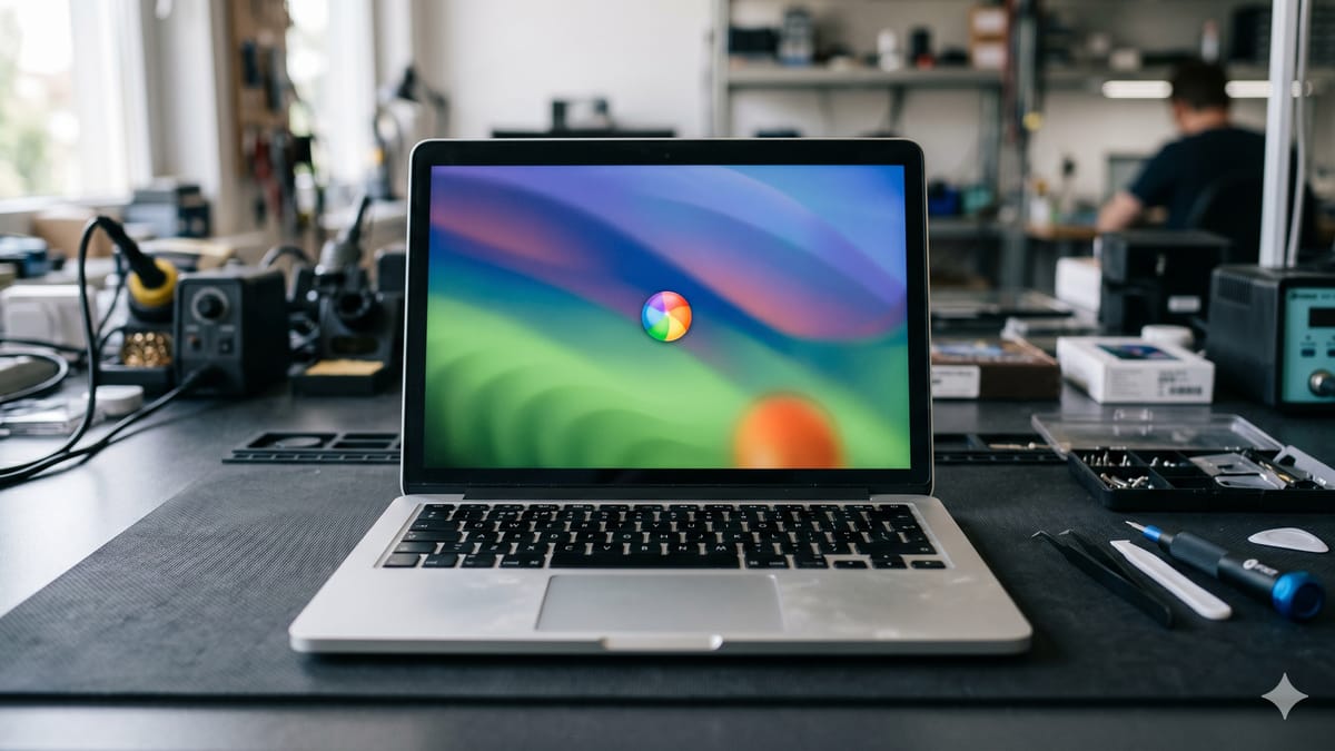 MacBook aberto sobre a bancada de assistência técnica, ilustrando um Mac lento