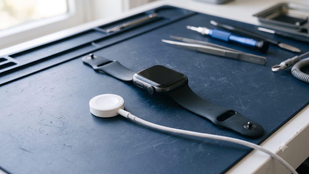 Apple Watch sobre a bancada de assistência técnica ao lado do carregador magnético