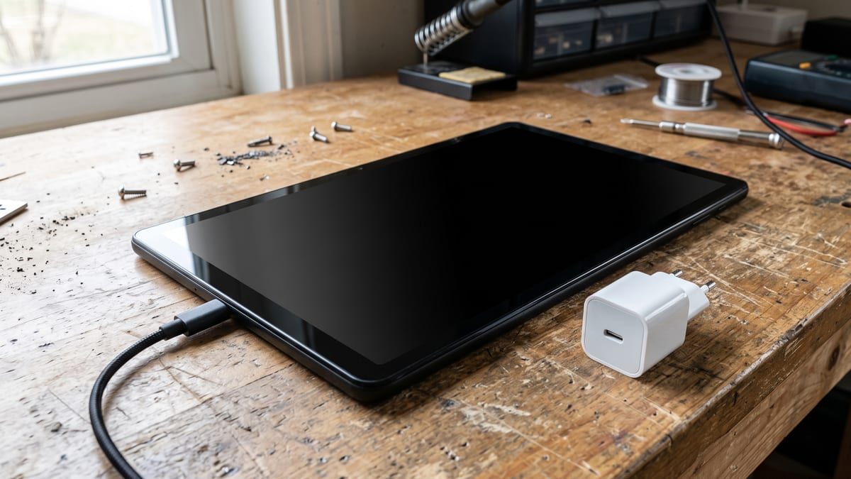 Tablet Android com a tela preta apoiado na bancada de assistência técnica, ligado no carregador