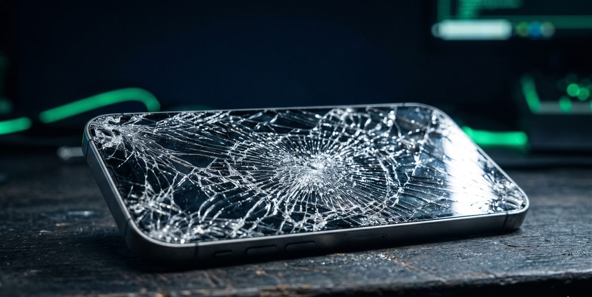 Celular com a tela trincada apoiado em uma bancada de assistência técnica